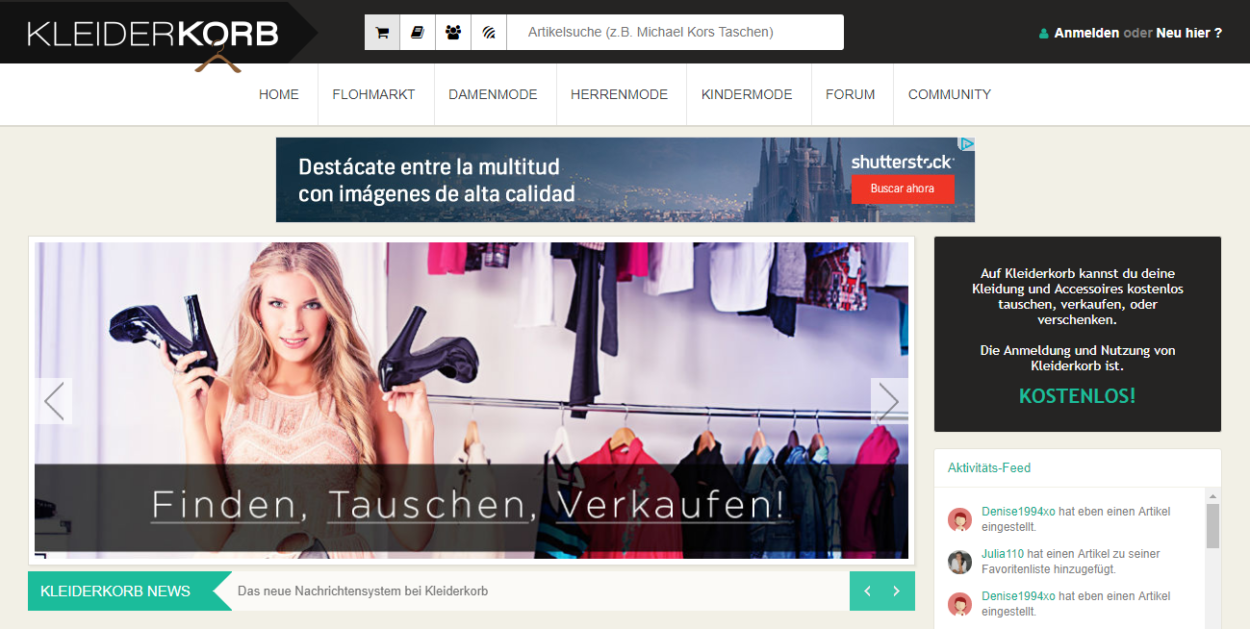 Screenshot Kleiderkorb Startseite März 2019