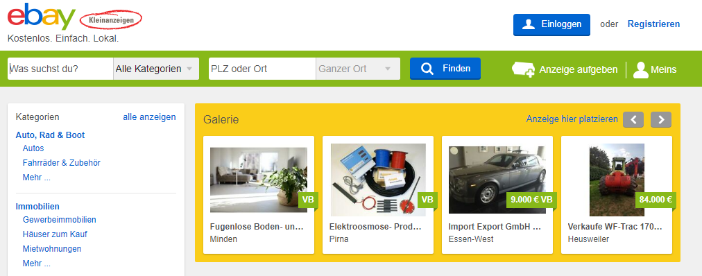 Screenshot eBay Kleinanzeigen Startseite März 2019