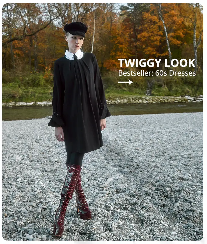 Ana Alcazar Model wears black A-Shaped Dress with Blouse and necktie in twiggy look
