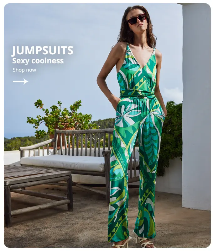 Ana Alcazar Model wears Summer Jumpsuit with jungle print