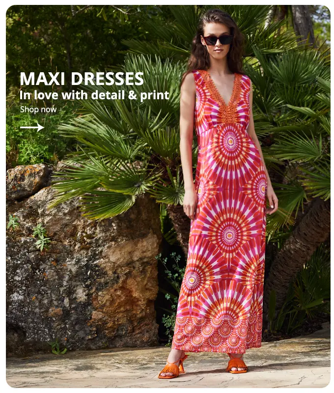 Ana Alcazar Model wears summer maxi dress with ornament print
