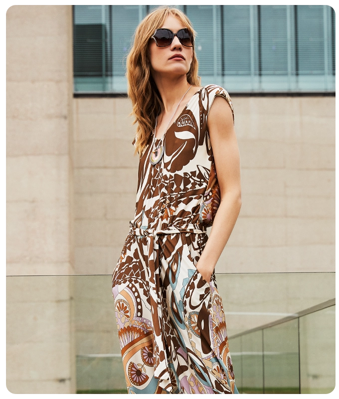 Ana Alcazar Model Wears Paisley Print Jumpsuit