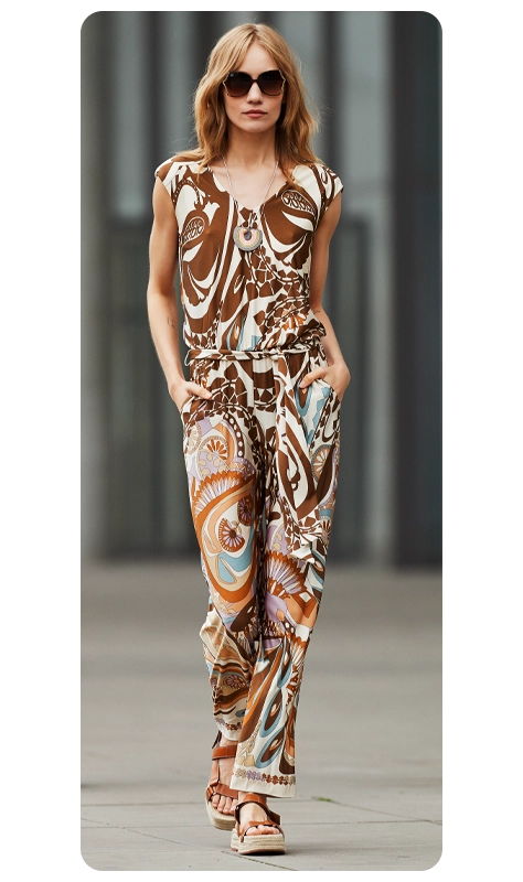 Het model Ana Alcazar draagt een jumpsuit met paisleyprint uit de nieuwe zomercollectie 2022