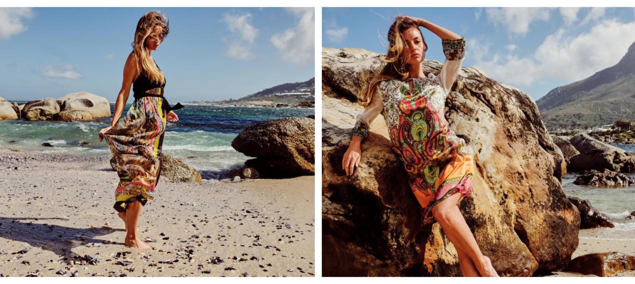 Model mit Maxi-Seidenkleid am Strand und Model mit Seidentunika mit Paisleyprint