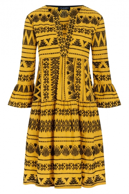 Wide dress Zelma in yellow-black with ornament embroidery | Ana Alcazar