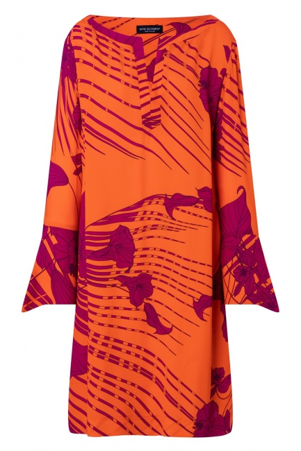 Tunic dress Zador with long sleeves with flower-print in orange-cerice ...