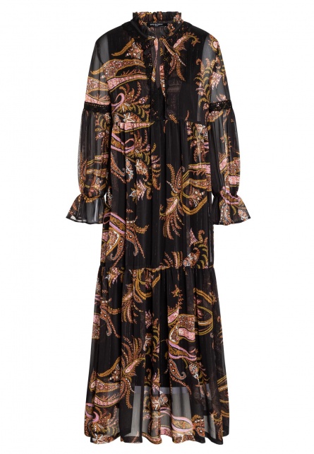 Long tiered dress Baiky from black chiffon with paisleyprint | Ana Alcazar