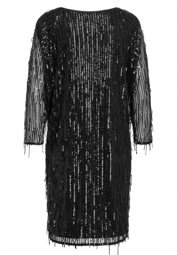 Black Bat Dress Ecaime with Fringes and Sequins | Ana Alcazar