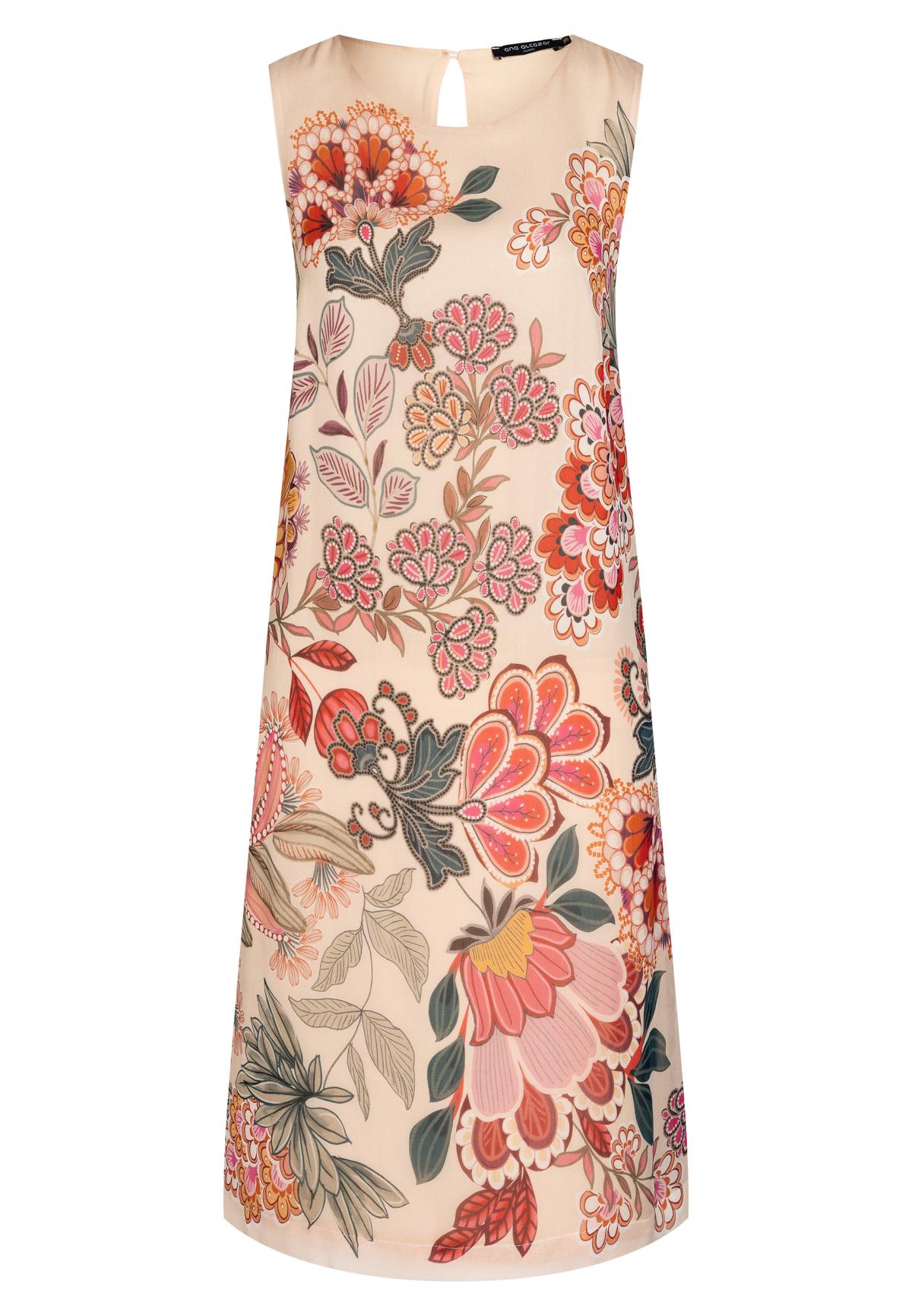 Simple sleeveless dress Cavos with flower-pattern in beige, red & green ...