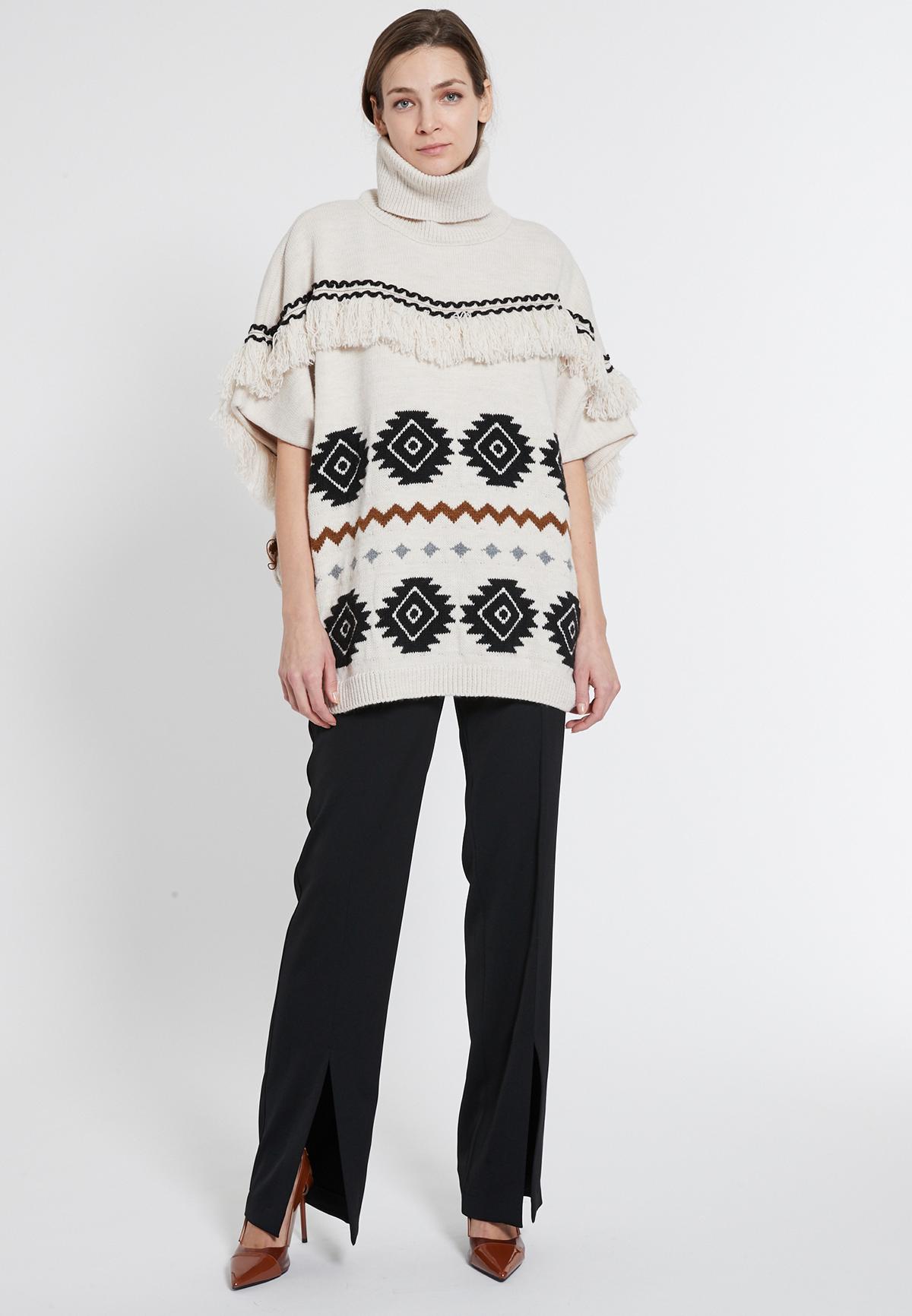XXL Poncho Sweater Evolys in Beige with Ethno-Pattern | Ana Alcazar