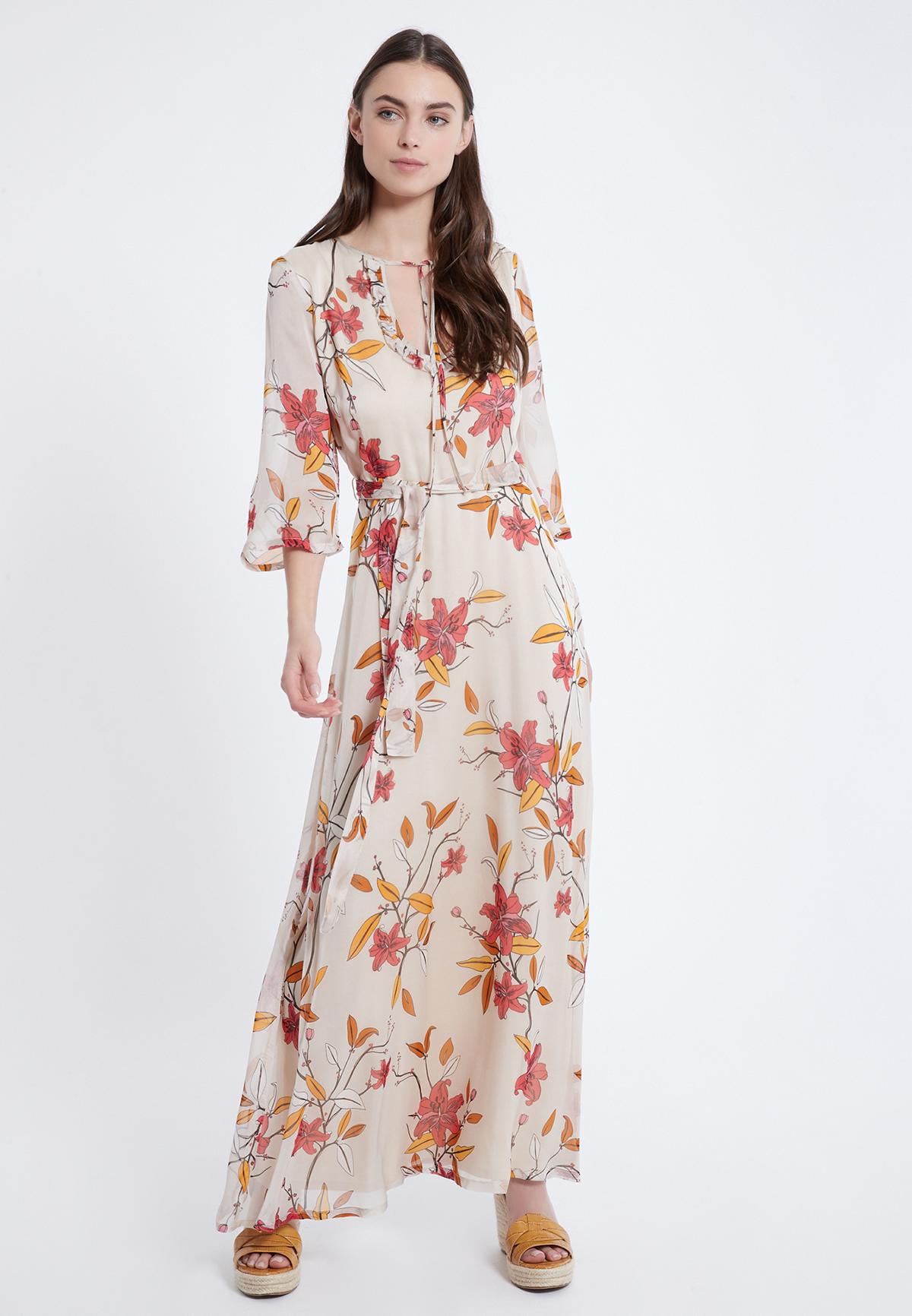 Noble long silk dress Alby in creme with flower-print | Ana Alcazar