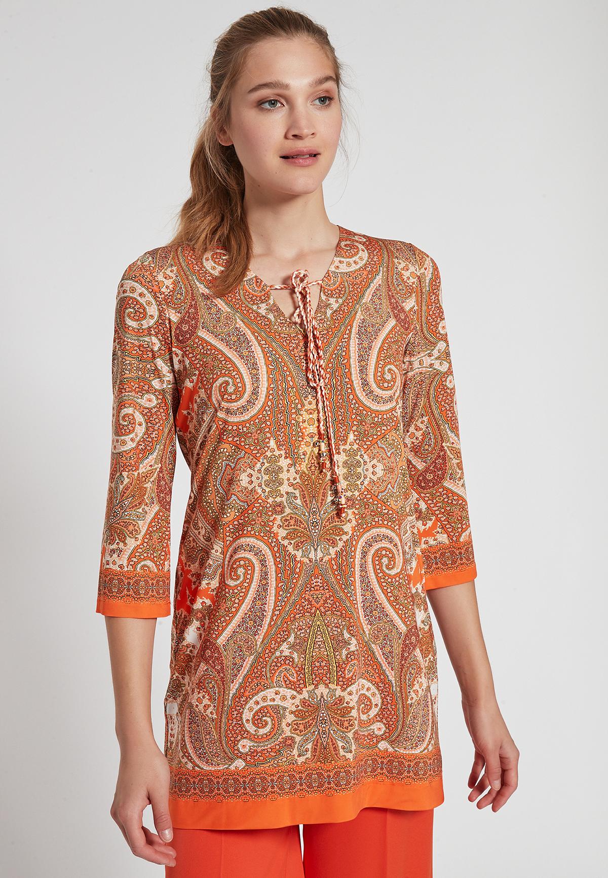 Long Top Fidesa with 3/4 Sleeve and Paisley Print in Orange | Ana Alcazar